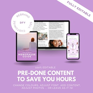 May include: A digital marketing image with a purple background. It features a laptop, tablet, and smartphone displaying content related to menopause. Text includes "Your Ultimate Menopause Guide" and "Pre-Done Content to Save You Hours."