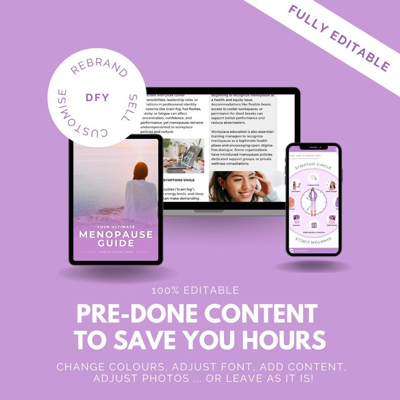 May include: A digital marketing image with a purple background. It features a laptop, tablet, and smartphone displaying content related to menopause. Text includes "Your Ultimate Menopause Guide" and "Pre-Done Content to Save You Hours."