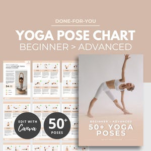 Puede incluir: Un gráfico de posturas de yoga con el texto "YOGA POSE CHART BEGINNER > ADVANCED" y "50+ YOGA POSES". La imagen muestra a una mujer en una postura de yoga y varias páginas con posturas de yoga. El texto "EDIT WITH Canva" también es visible.