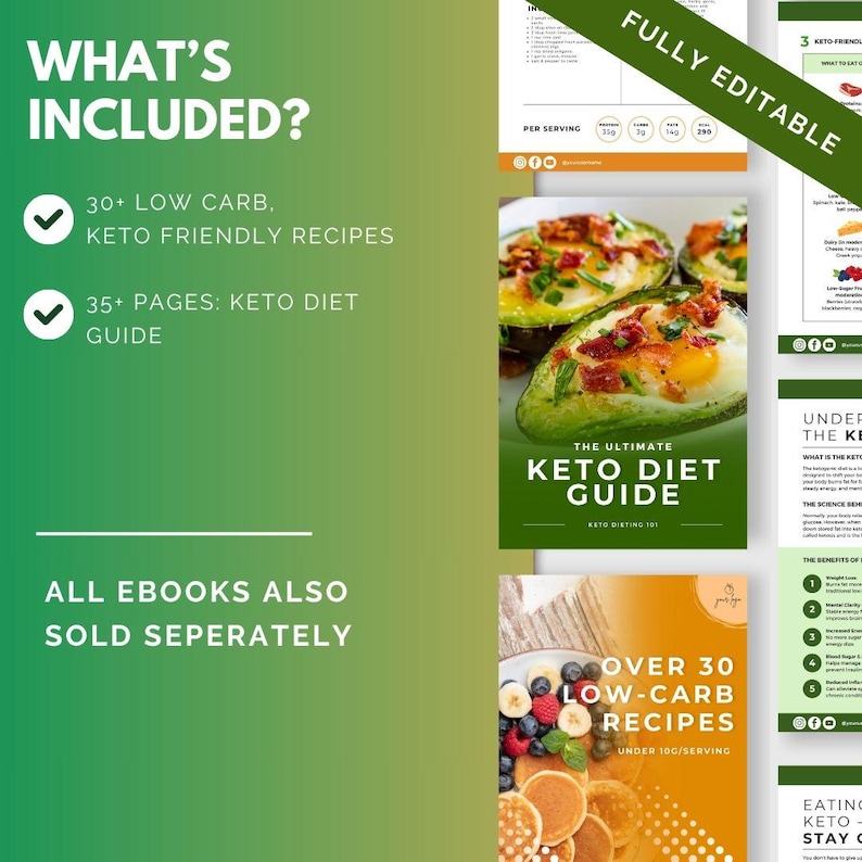 Puede incluir: Una gu&iacute;a digital de dieta cetog&eacute;nica con el texto "The Ultimate Keto Diet Guide" y "Over 30 Low-Carb Recipes". La gu&iacute;a incluye m&aacute;s de 30 recetas bajas en carbohidratos y aptas para la dieta cetog&eacute;nica y m&aacute;s de 35 p&aacute;ginas de informaci&oacute;n sobre la dieta cetog&eacute;nica.