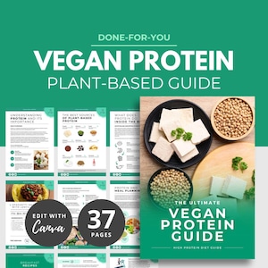 May include: A green and white digital guide titled "The Ultimate Vegan Protein Guide: High Protein Diet Guide" with a picture of tofu and soybeans. The guide has 37 pages and is editable with Canva.