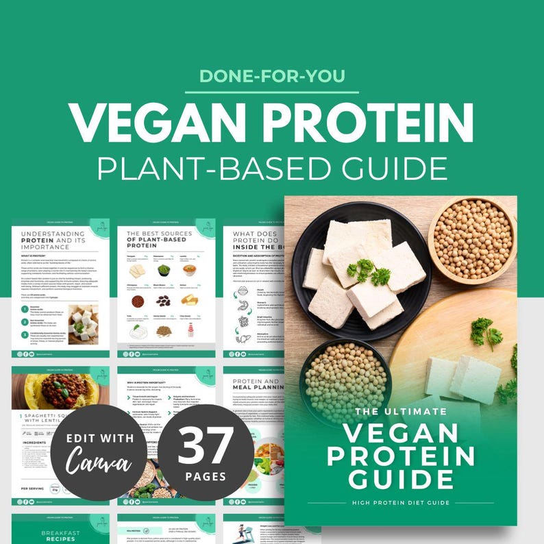 May include: A green and white digital guide titled "The Ultimate Vegan Protein Guide: High Protein Diet Guide" with a picture of tofu and soybeans. The guide has 37 pages and is editable with Canva.