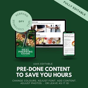 May include: A digital product mockup featuring three different digital guides for meal prepping, portion sizes, and fat loss. The guides are fully editable and feature a green background with the text "Pre-done content to save you hours".