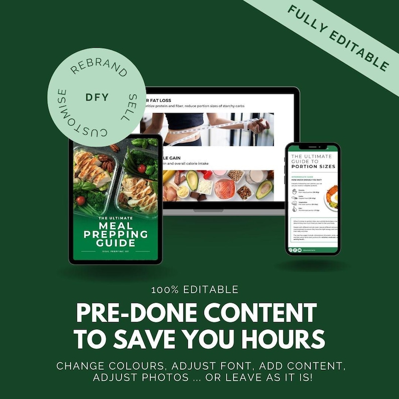 May include: A digital product mockup featuring three different digital guides for meal prepping, portion sizes, and fat loss. The guides are fully editable and feature a green background with the text "Pre-done content to save you hours".