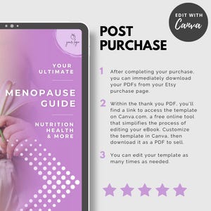 May include: A digital tablet displays a purple ebook cover titled "Your Ultimate Menopause Guide." The cover includes the text "Nutrition Health & More." The image also features the text "Post Purchase" and instructions on how to download and edit the ebook.