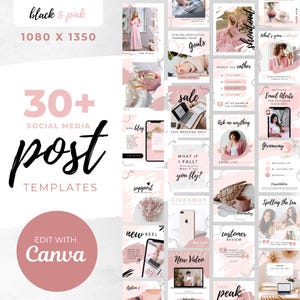 Puede incluir: Una colección de más de 30 plantillas de publicaciones para redes sociales en negro y rosa con varios diseños y superposiciones de texto. Las plantillas están diseñadas para usar con Canva y presentan una variedad de diseños, incluidas publicaciones de texto, publicaciones basadas en imágenes y publicaciones de video. Las plantillas son perfectas para blogueros, empresas y personas que desean crear contenido atractivo y atractivo para las redes sociales.