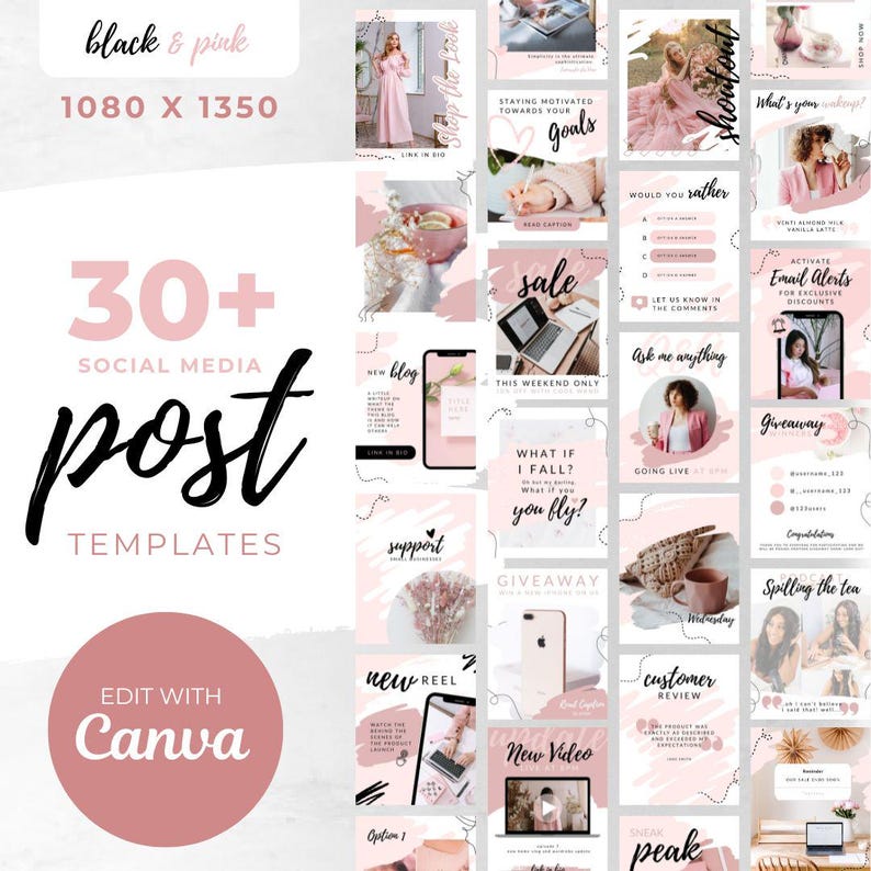 30+ New Instagram Size Post Templates Black Blush Pink Social Media ...