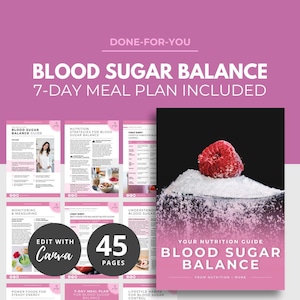 Op de afbeelding: Een roze en witte afbeelding voor een gids voor bloedsuikerbalans. De omslag toont een framboos op een hoop suiker. De gids bevat een maaltijdplan van 7 dagen en is 45 pagina's lang. Tekst bevat "Blood Sugar Balance" en "Edit with Canva."