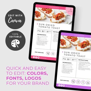 May include: Two digital tablets displaying a recipe for sun-dried tomato toast. The recipe includes ingredients and instructions, with nutritional information. The tablets are surrounded by graphics that say "Edit with Canva" and "Quick and easy to edit: colors, fonts, logos for your brand."