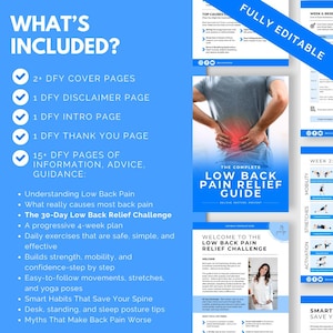 May include: A digital guide titled "The Complete Low Back Pain Relief Guide" with a blue and white design. The guide includes information, advice, and a 30-day challenge. The image also shows a list of included items and exercises.