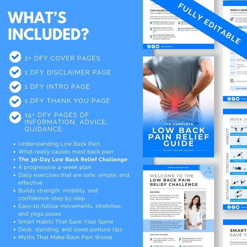 May include: A digital guide titled "The Complete Low Back Pain Relief Guide" with a blue and white design. The guide includes information, advice, and a 30-day challenge. The image also shows a list of included items and exercises.