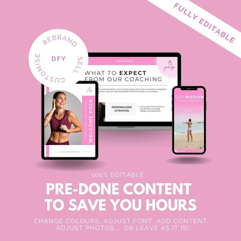 May include: A pink and white graphic design template for a coaching business. The template includes a welcome pack, a mission statement, and a laptop screen with the text "What to Expect from Our Coaching".