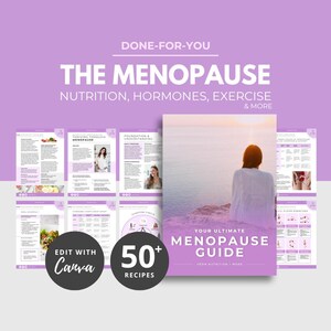 May include: A digital guide titled "The Menopause" with the subtitle "Nutrition, Hormones, Exercise & More." The cover features a woman overlooking the ocean. Additional pages detail recipes and exercises. Includes the text "Edit with Canva" and "50+ Recipes."