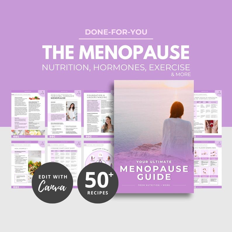 May include: A digital guide titled "The Menopause" with the subtitle "Nutrition, Hormones, Exercise & More." The cover features a woman overlooking the ocean. Additional pages detail recipes and exercises. Includes the text "Edit with Canva" and "50+ Recipes."