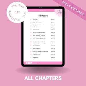 May include: A digital tablet screen displaying a table of contents for a welcome pack. The table of contents includes topics such as "Welcome", "Meet Your Coach", "The Process", "Our Mission", "What to Expect From Us", "Your Program Summary", "Your Commitment to Us", "Tools & Resource Links", "Our Packages", "Questionnaire", "Frequently Asked Questions", "Client Success", and "Thank You". Each topic is listed with a corresponding page number.