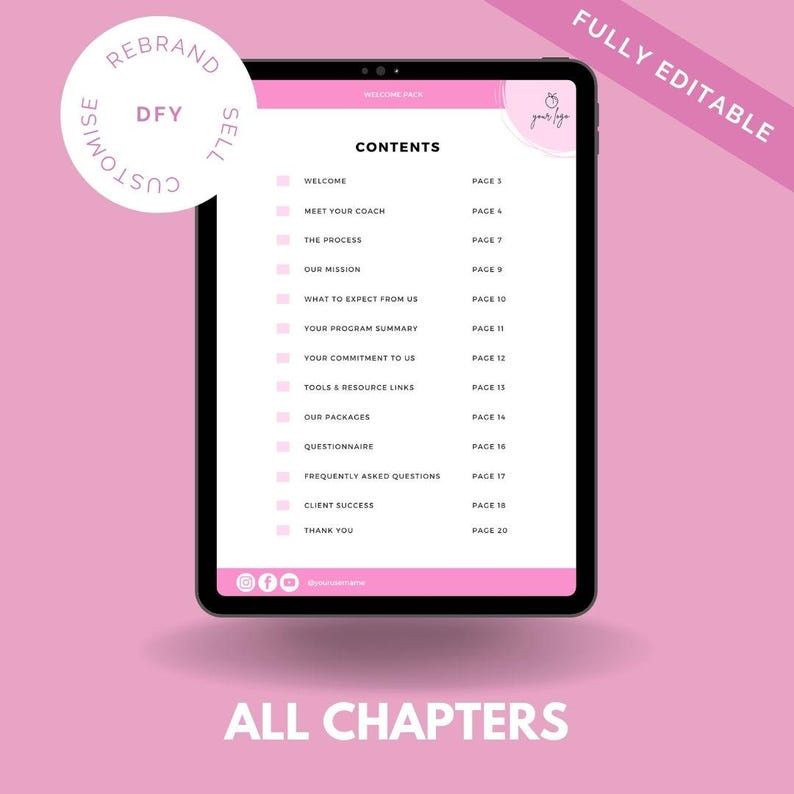 May include: A digital tablet screen displaying a table of contents for a welcome pack. The table of contents includes topics such as "Welcome", "Meet Your Coach", "The Process", "Our Mission", "What to Expect From Us", "Your Program Summary", "Your Commitment to Us", "Tools & Resource Links", "Our Packages", "Questionnaire", "Frequently Asked Questions", "Client Success", and "Thank You". Each topic is listed with a corresponding page number.