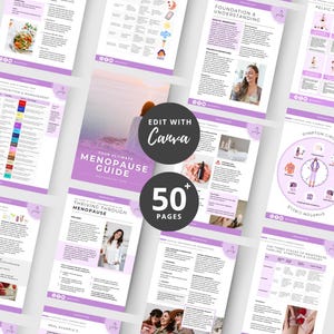 May include: A collection of informational pages with a purple and white design. The central page reads "Your Ultimate Menopause Guide" with the Canva logo and "50+ Pages". Other pages cover topics like symptom management and nutrition.