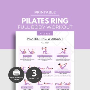 Könnte beinhalten: Druckbare Pilates Ring Ganzkörper-Workout-Anleitung. Das Training umfasst Übungen wie Fahrräder, Brustpress-Ausfallschritte und Bizeps-Squeeze. Der Leitfaden ist in 3 Druckgrößen erhältlich und bietet einen hochwertigen Druck.