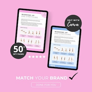 Puede incluir: Dos maquetas de tabletas digitales sobre un fondo rosa. Ambas tabletas muestran un dise&ntilde;o azul y blanco con el texto "Calentar y estirar" y una serie de ilustraciones de ejercicios. El texto "Editar con Canva" aparece en un c&iacute;rculo blanco en la parte superior derecha de la imagen. El texto "50+ p&aacute;ginas DFY" aparece en un c&iacute;rculo blanco en el lado izquierdo de la imagen. El texto "Combina con tu marca" aparece en texto negro debajo de las tabletas. El texto "Listo para usar" aparece en un rect&aacute;ngulo blanco debajo del texto "Combina con tu marca".