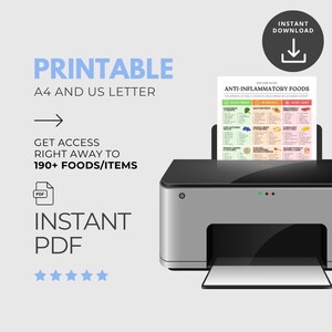 Peut inclure: Une imprimante grise et noire imprime un tableau color&eacute; intitul&eacute; "Aliments anti-inflammatoires". L'image comprend &eacute;galement les mots "Imprimable", "PDF instantan&eacute;" et "Acc&eacute;dez imm&eacute;diatement &agrave; plus de 190 aliments/articles".