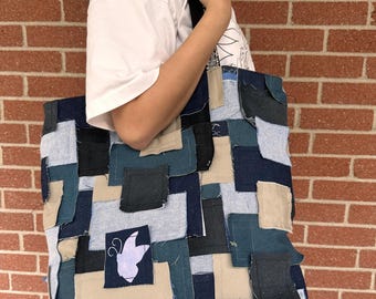 Bolso grande de tela vaquera con parches 1 de 1 hecho con vaqueros reciclados Tejido hecho a mano