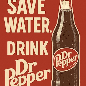 以下が含まれることがあります： 赤色の背景に、Dr Pepperのボトルが描かれたヴィンテージスタイルのポスター。「SAVE WATER. DRINK Dr Pepper」というテキストはクリーム色。Dr Pepperのロゴは、赤い楕円に白い文字で表示されています。