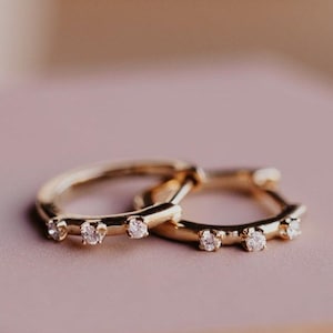 Diamond Three-Stone Hoop Earrings – Gold Huggie Earrings – Minimalist CZ Hoops – Dainty Everyday Jewelry – Stackable Cartilage Earrings