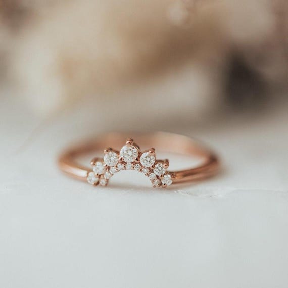 Curved Diamond Cluster Ring in Sterling Silver – Dainty Crown-Inspired Nesting Band – Minimalist Bridal Stack Ring – Promise Ring