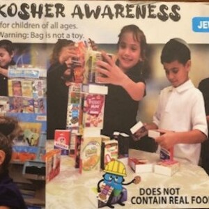 以下が含まれることがあります： 子供たちが、おもちゃの食料品店セットで遊んでいます。セットには、シリアル箱、ジュースボックス、スープ缶など、さまざまな模擬食品が含まれています。子供たちは塔を建てて、お店屋さんごっこをしています。画像には、「Building Kosher Awareness」と「Jewish Toy Factory.com」のテキストが含まれています。