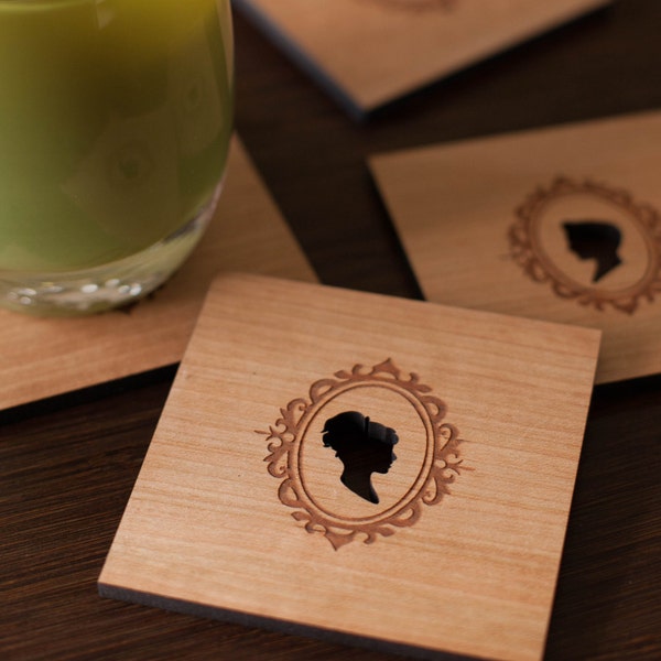 Wood Drink Coasters, Cottage Core Decor, Wood coaster Victorian Inspired,  Cameo Silhouettes, set of 4 laser cut drink coasters