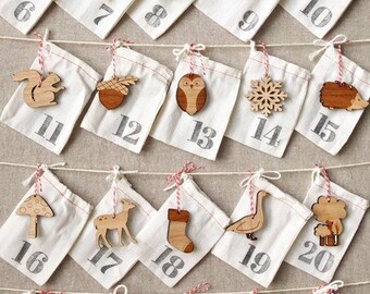 ADVENT CALENDAR ORNAMENTS with tiny woodland ornaments countdown to christmas, advent calendar with bags, heirloom Christmas celebration