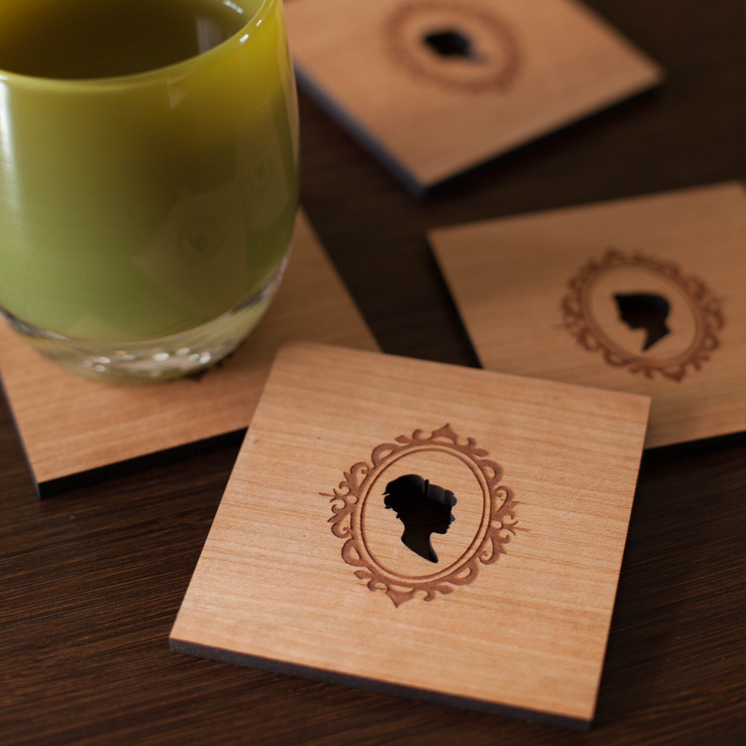 Wood Drink Coasters, Cottage Core Decor, Wood Coaster Victorian Inspired, Cameo Silhouettes, Ensembl