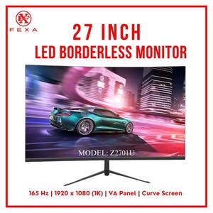 以下が含まれることがあります： 27インチ（68.58 cm）のLEDベゼルレスモニター、曲面スクリーン付き。画面には、夜の街を走る緑色のスポーツカーが表示されています。モニターには黒いスタンドがあり、「MODEL: Z2701U」という文字があります。