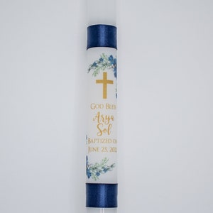 Blue Floral God Bless Baptism taper candle with cross