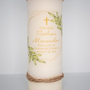 Baptism or Christening Candle with leaves and cross