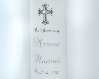 personalized Baptism Candle with Cross and Gem