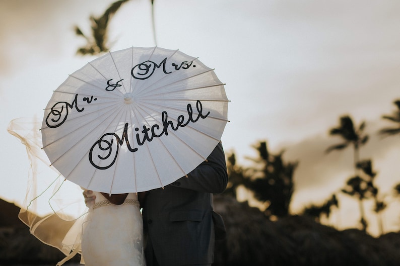 Mr and Mrs Name and date hand painted parasol for wedding image 9