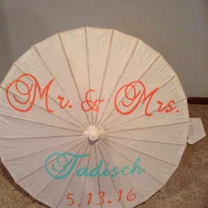 Mr and Mrs Name and date hand painted parasol for wedding image 4