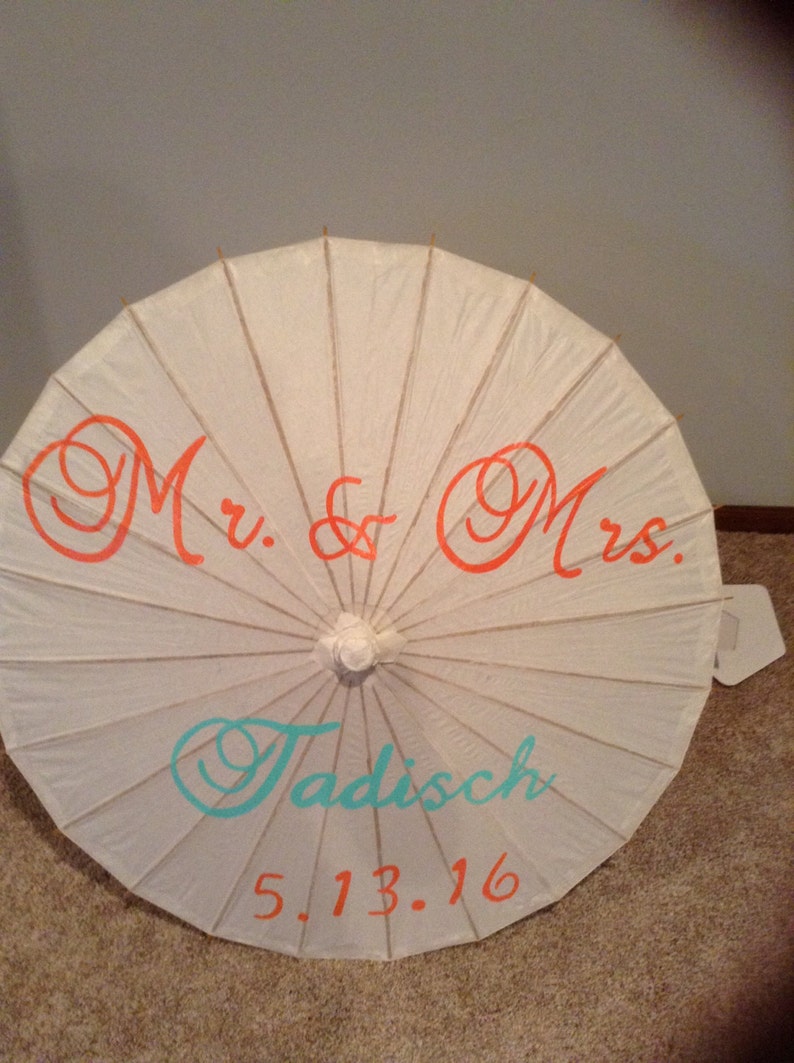 Mr and Mrs Name and date hand painted parasol for wedding image 4