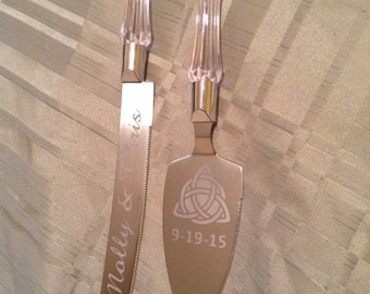 Wedding Personalized Cake Server and knife set Celtic Infinity design with Name and Date