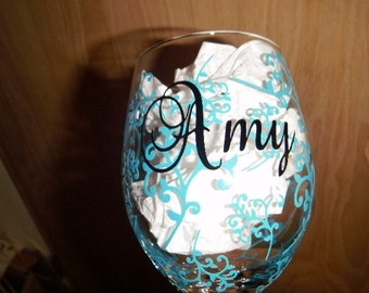 Personalized Wine Glass covered with swirls
