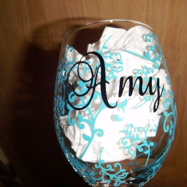 Personalized Wine Glass covered with swirls