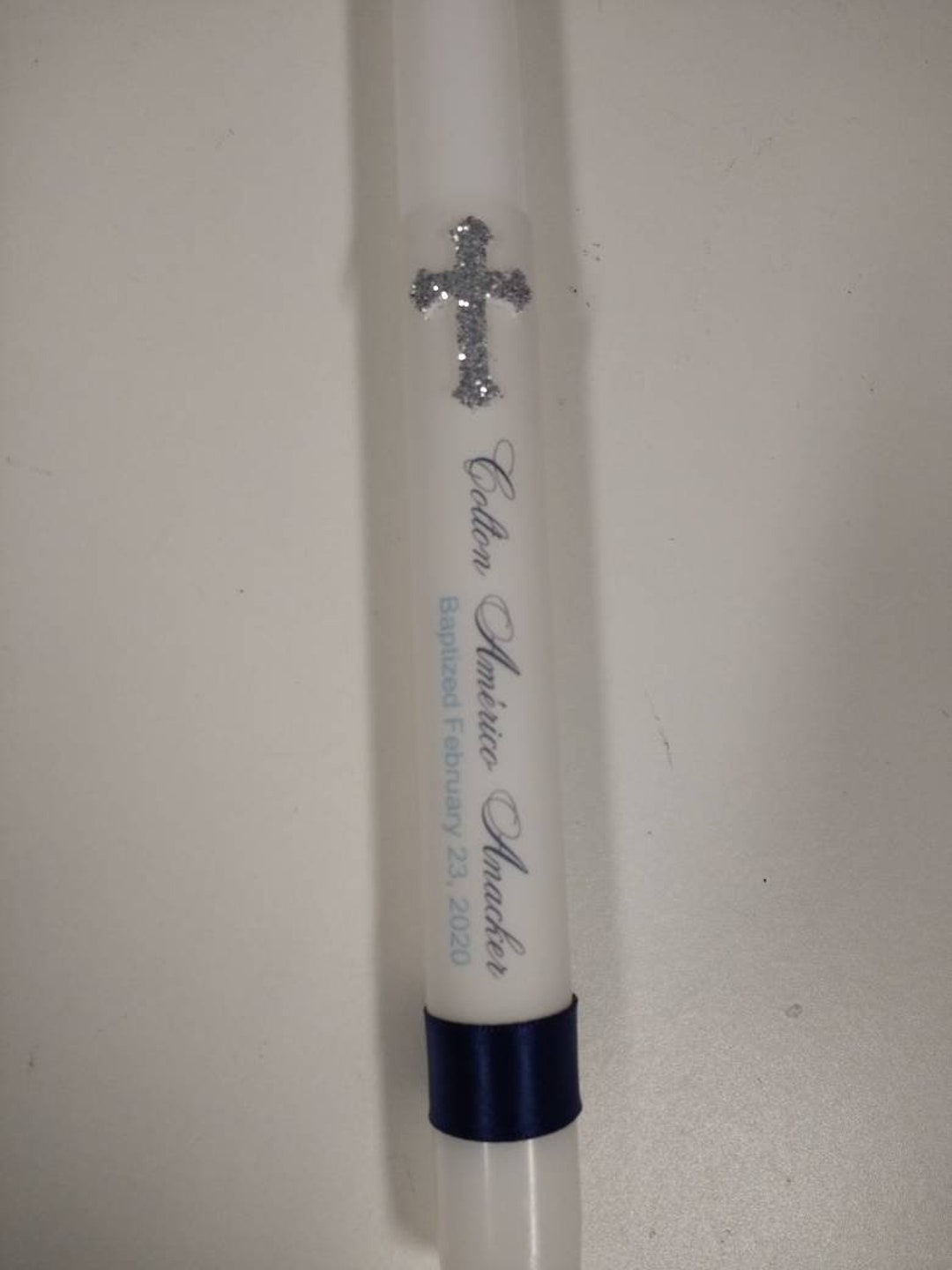 Baptism Taper Candle With Glitter Cross Etsy