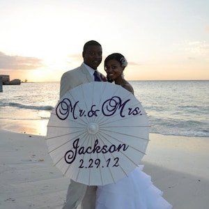 Mr and Mrs Name and date hand painted parasol for wedding