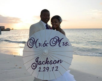 Mr and Mrs Name and date hand painted parasol for wedding