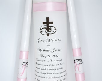 Love is Patient with cross and rings Wedding Unity Candle Set
