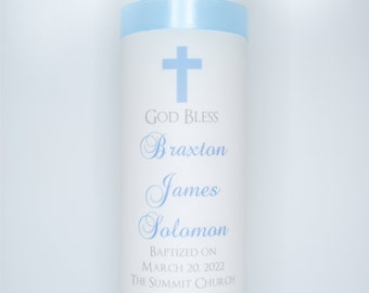 Baptism candle God Bless large name and blue cross
