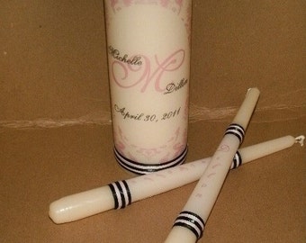 Damask personalized Unity Candle set with Silver gem