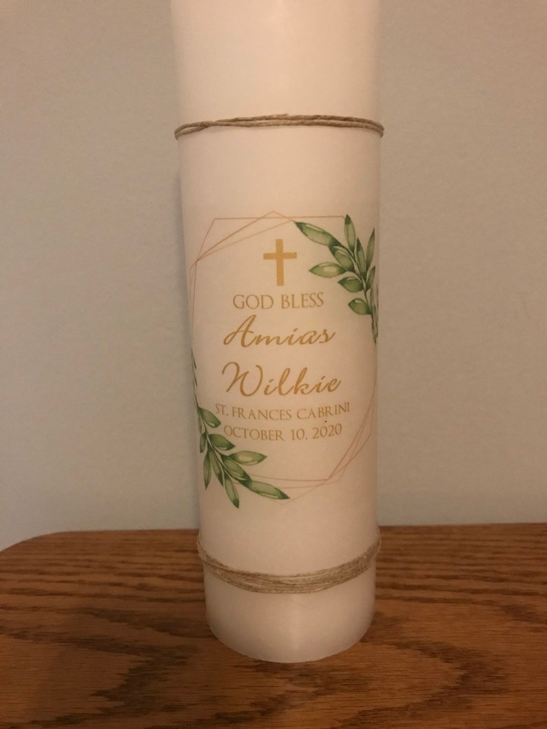 Baptism or Christening Candle With Leaves and Cross Etsy