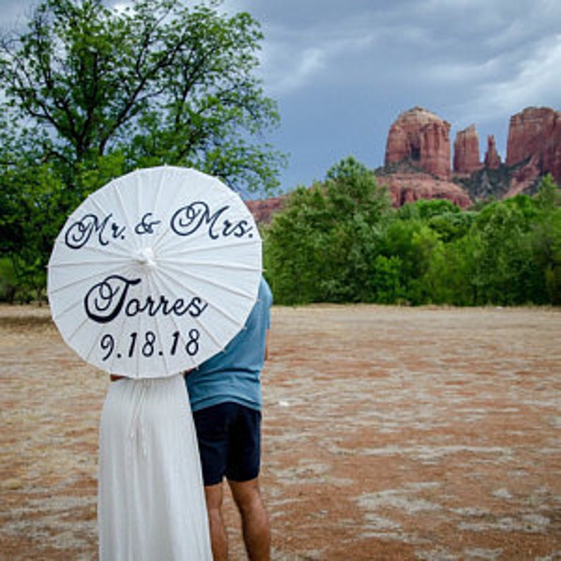 Mr and Mrs Name and date hand painted parasol for wedding image 7